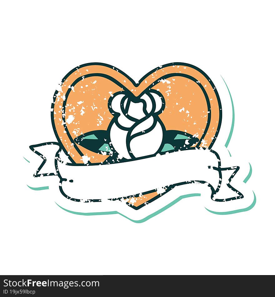 Distressed Sticker Tattoo Style Icon Of A Heart Rose And Banner