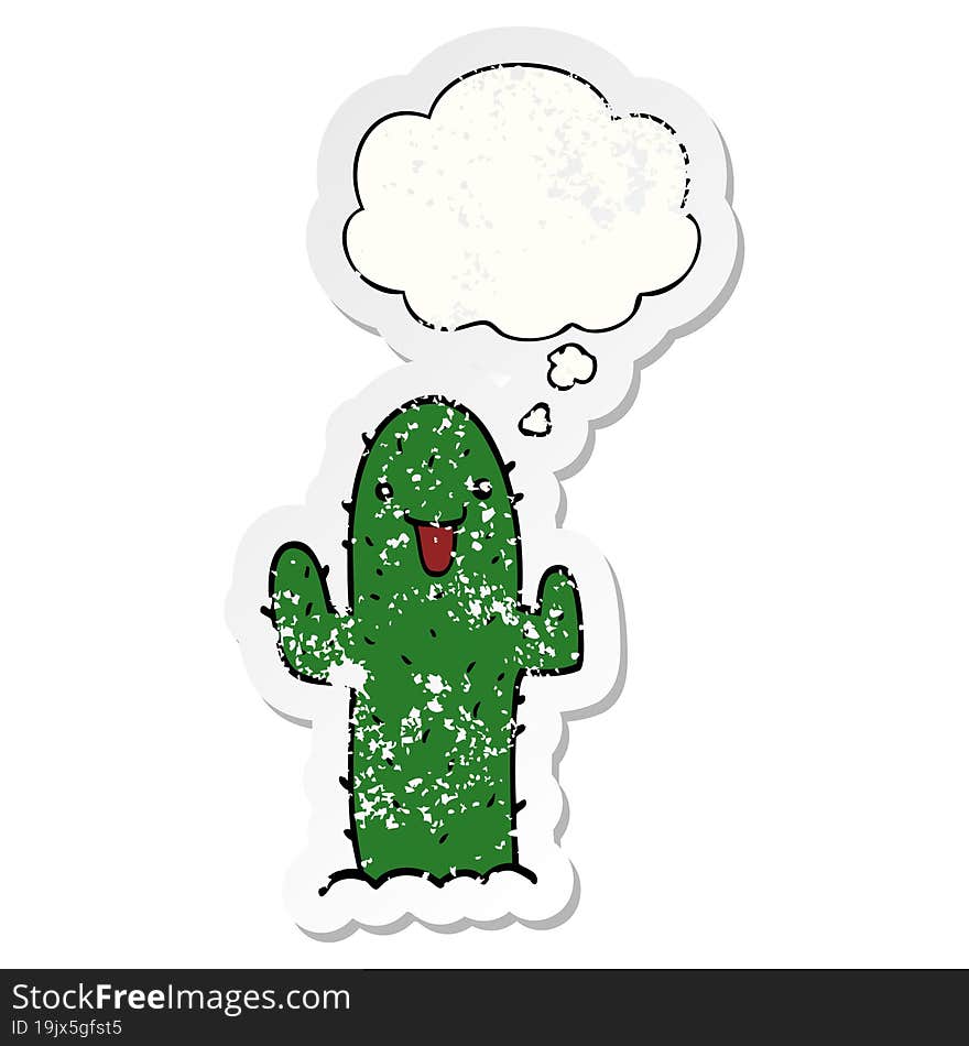 cartoon cactus and thought bubble as a distressed worn sticker