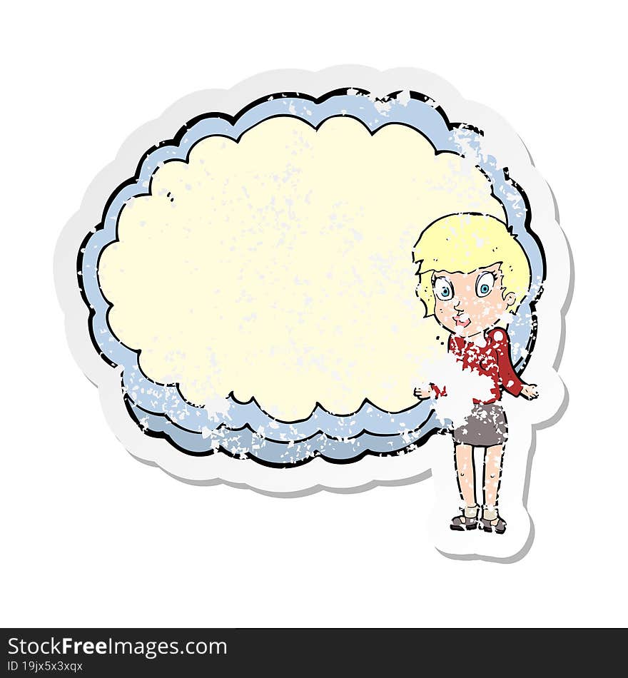 Retro Distressed Sticker Of A Woman With Text Space Cloud