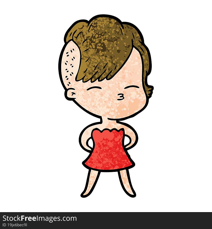 cartoon squinting girl in dress. cartoon squinting girl in dress