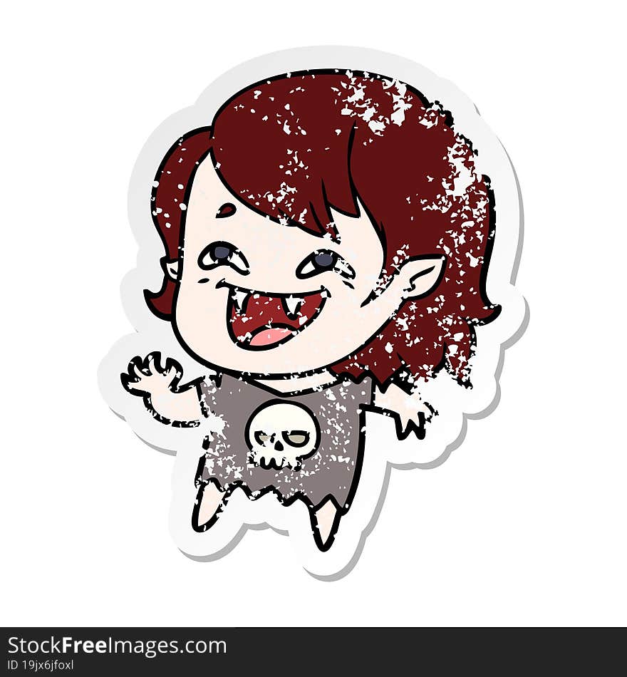 Distressed Sticker Of A Cartoon Laughing Vampire Girl