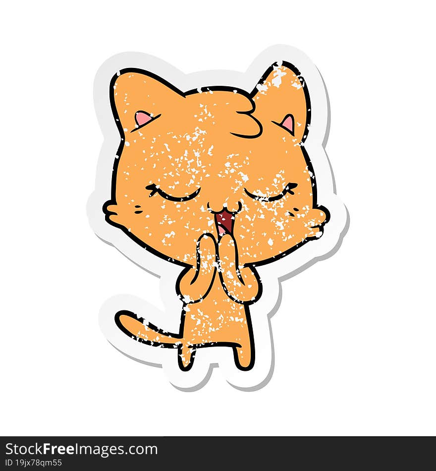 distressed sticker of a happy cartoon cat