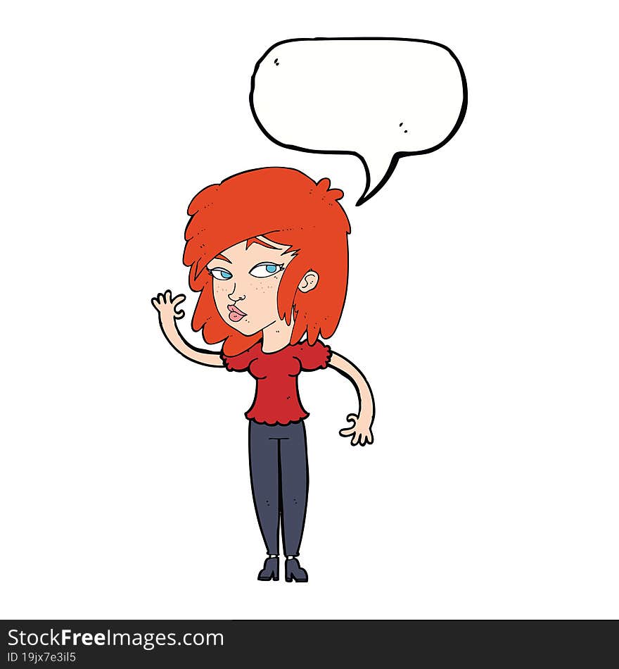 cartoon pretty woman waving with speech bubble