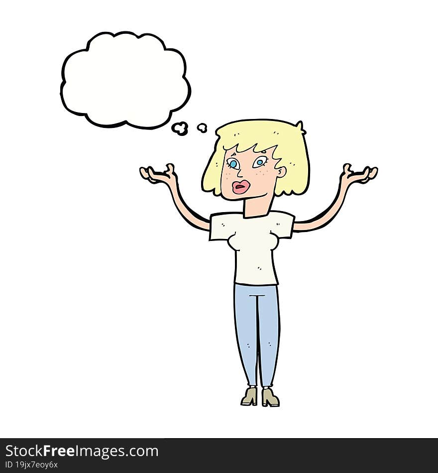 cartoon woman holding up hands with thought bubble