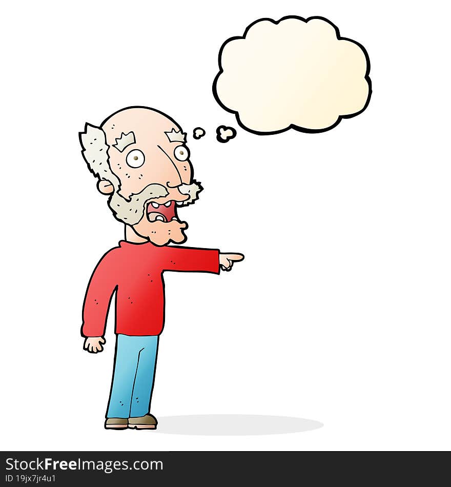 Cartoon Scared Old Man Pointing With Thought Bubble