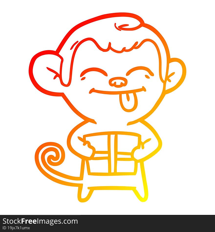 warm gradient line drawing funny cartoon monkey with christmas present