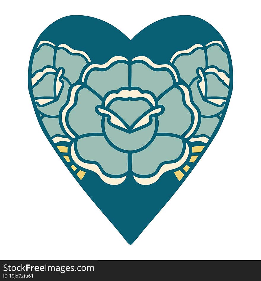 iconic tattoo style image of a heart and flowers. iconic tattoo style image of a heart and flowers