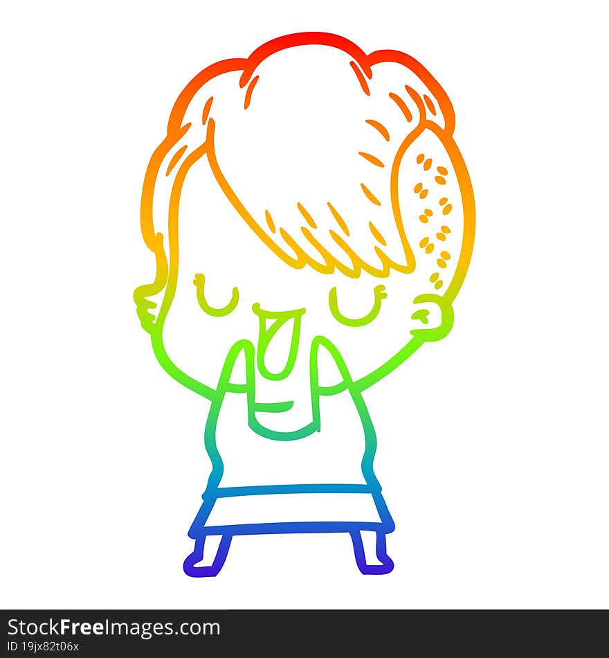 rainbow gradient line drawing of a cute cartoon girl with hipster haircut