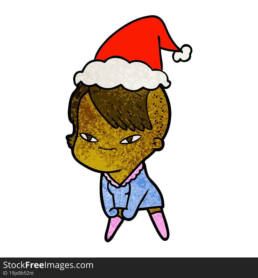 cute textured cartoon of a girl with hipster haircut wearing santa hat