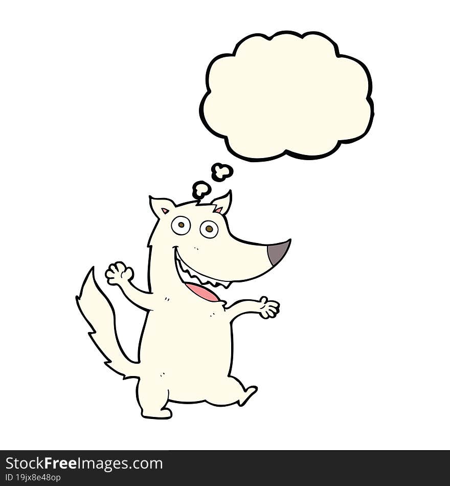 cartoon happy wolf with thought bubble