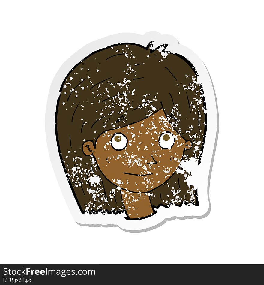 retro distressed sticker of a cartoon happy female face