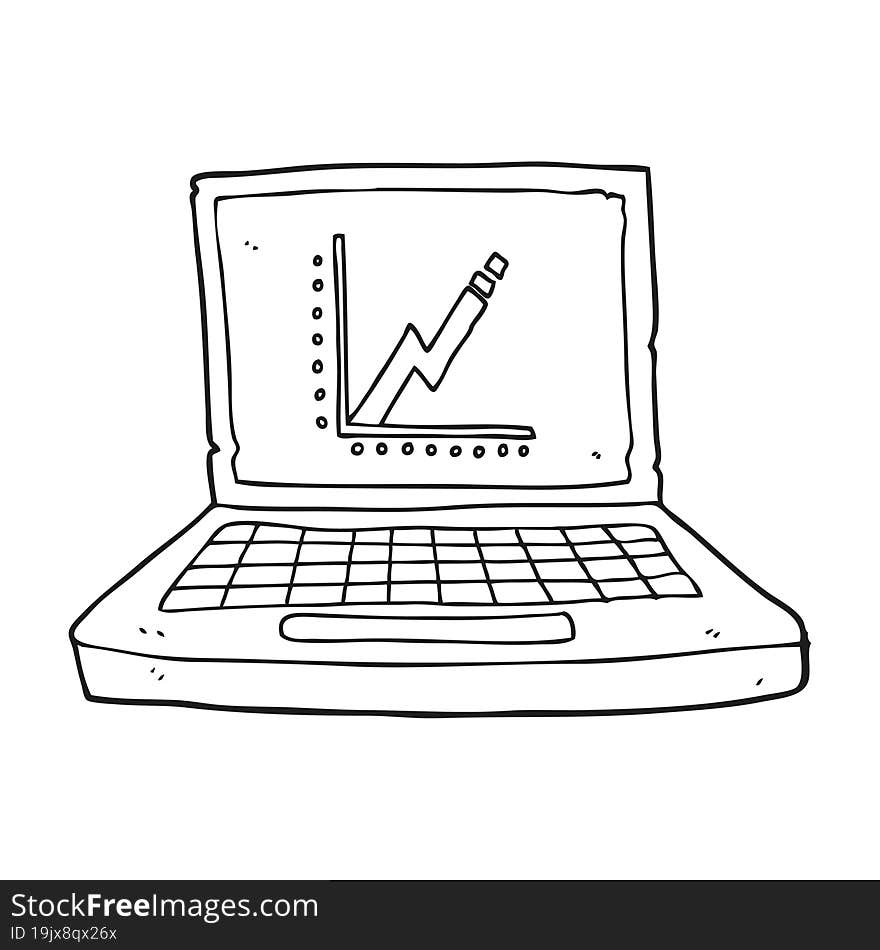 freehand drawn black and white cartoon laptop computer with business graph