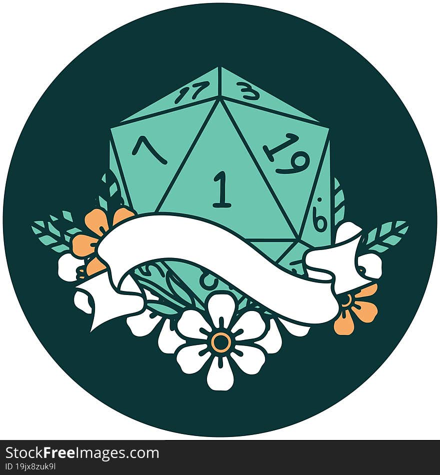 icon of natural one d20 dice roll. icon of natural one d20 dice roll