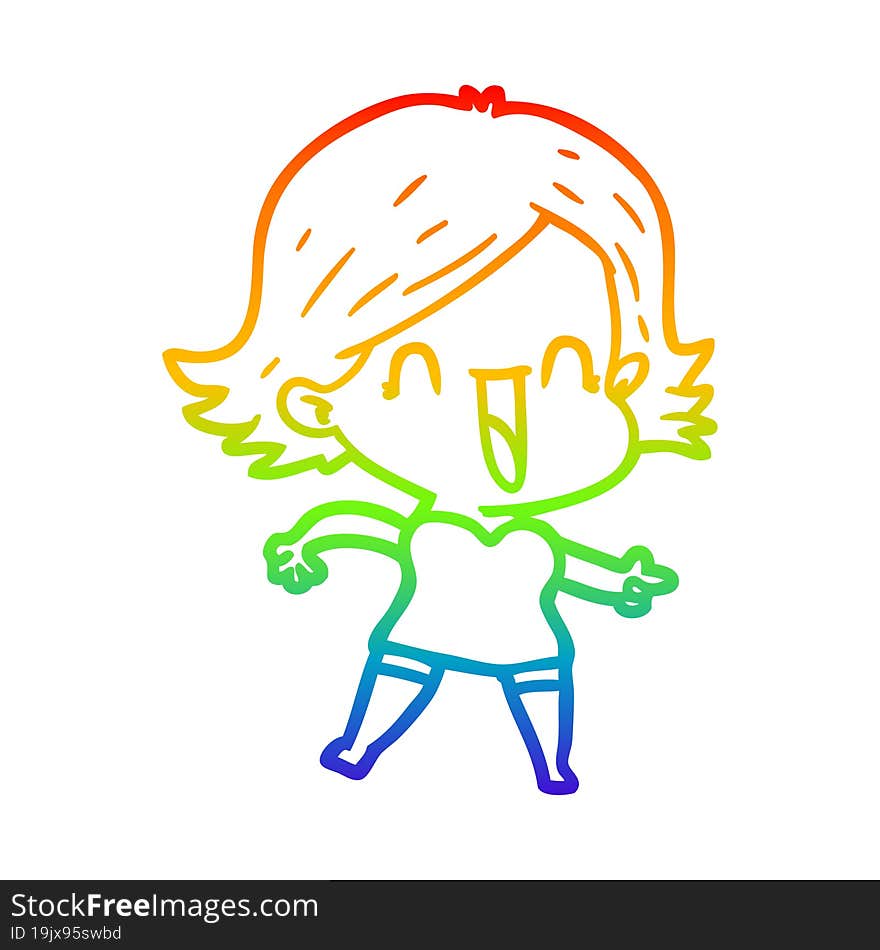 rainbow gradient line drawing of a cartoon laughing woman pointing