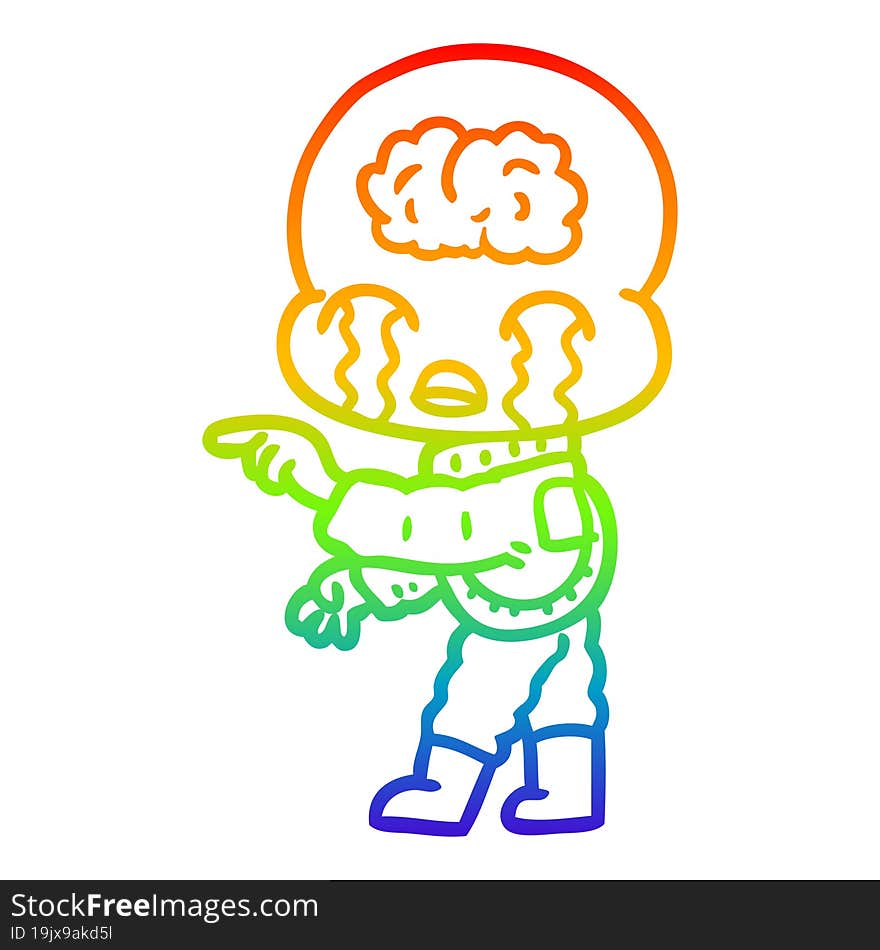 Rainbow Gradient Line Drawing Cartoon Big Brain Alien Crying And Pointing