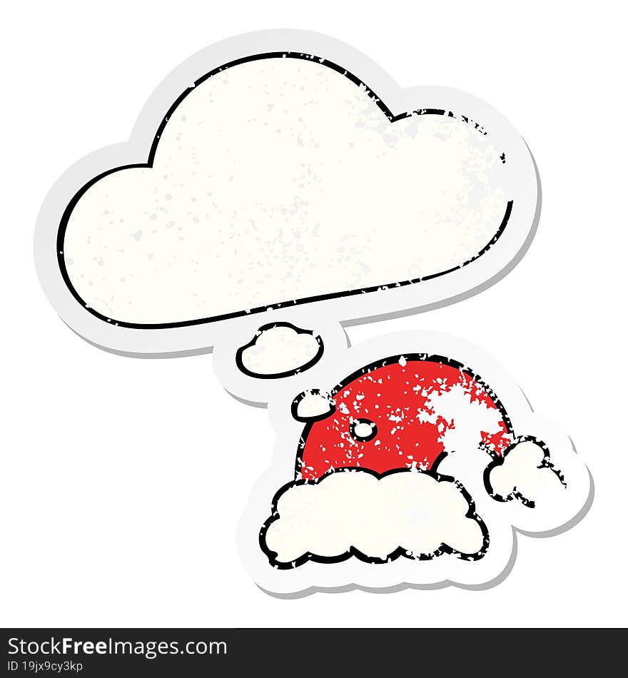 cartoon christmas hat and thought bubble as a distressed worn sticker