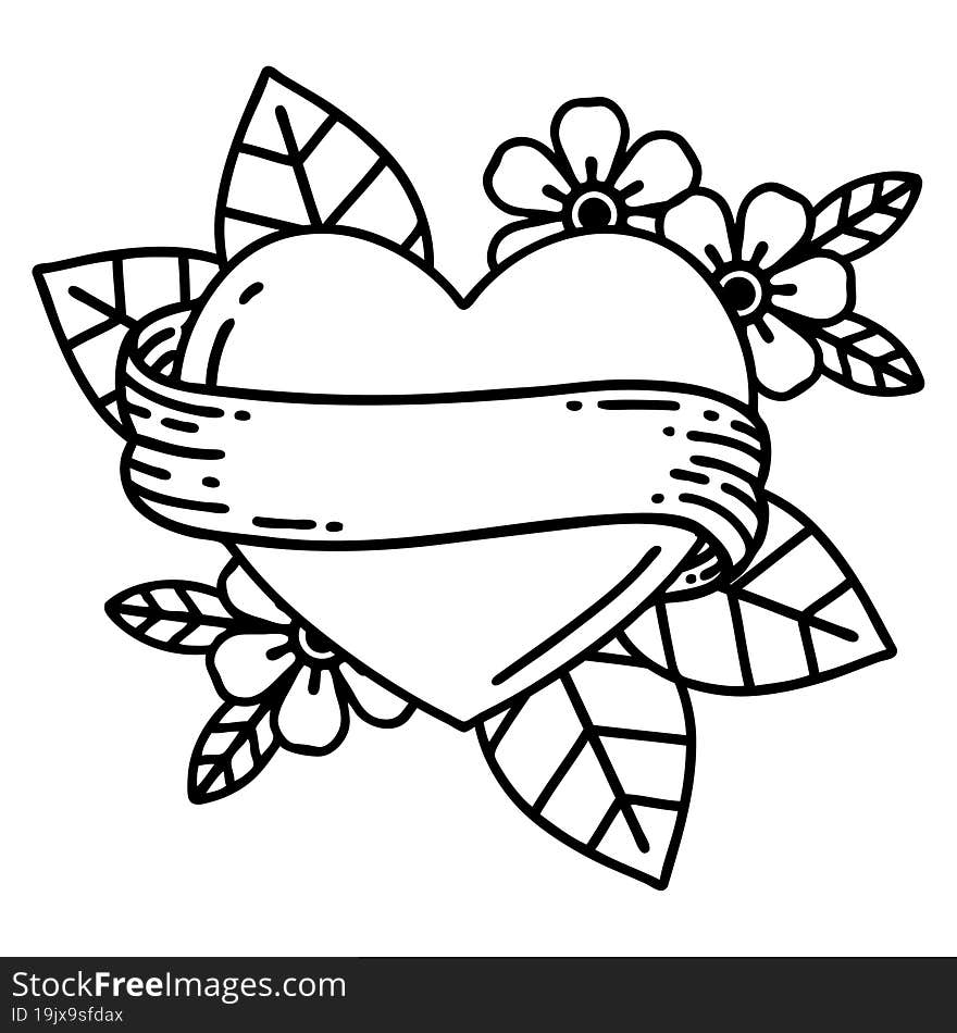 tattoo in black line style of a heart and banner. tattoo in black line style of a heart and banner