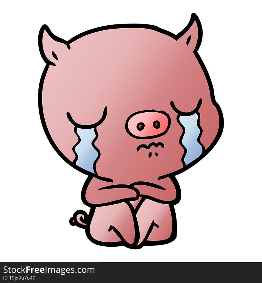 cartoon sitting pig crying. cartoon sitting pig crying