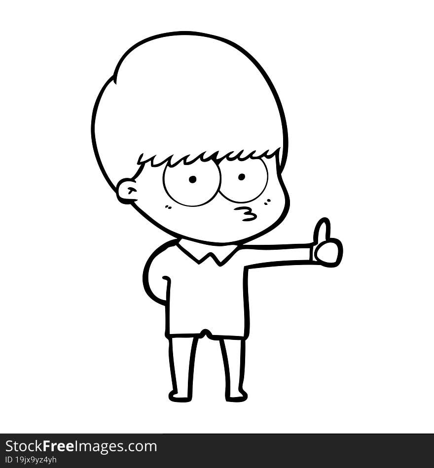 curious cartoon boy giving thumbs up sign. curious cartoon boy giving thumbs up sign