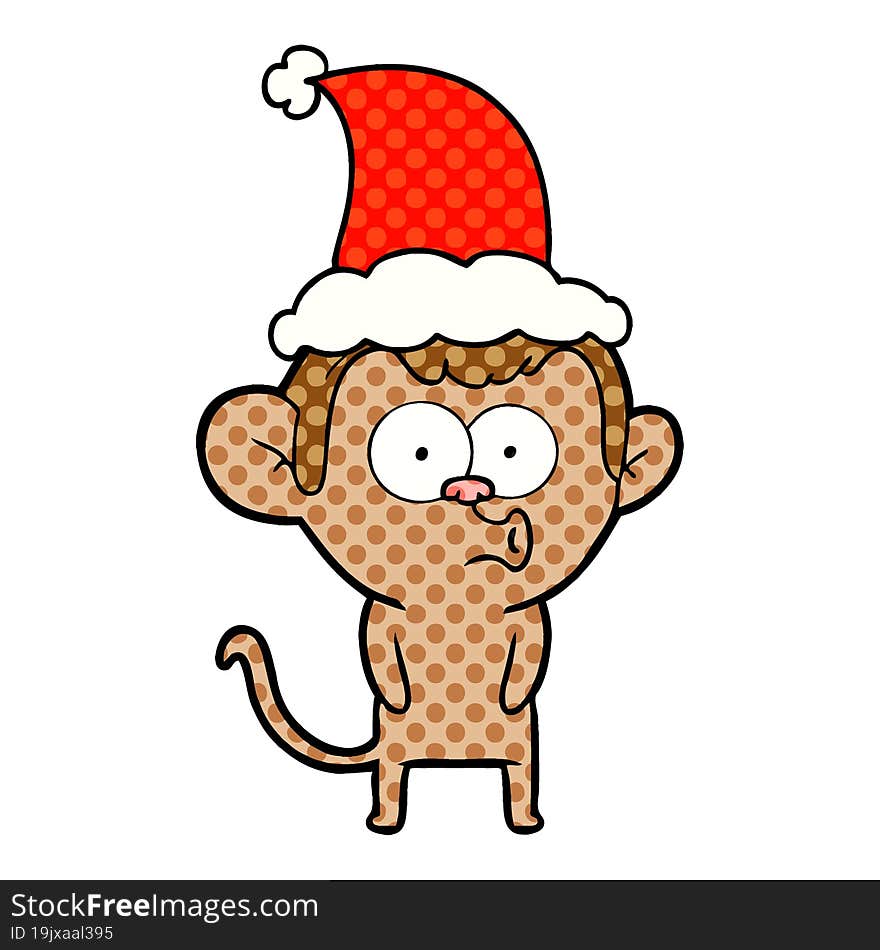 comic book style illustration of a hooting monkey wearing santa hat