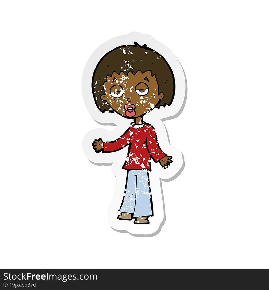 retro distressed sticker of a cartoon tired woman