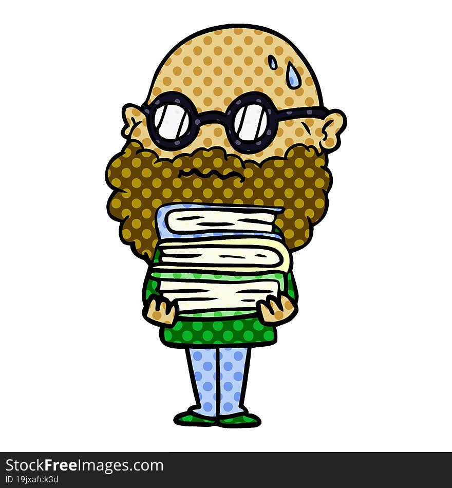 cartoon worried man with beard and stack of books. cartoon worried man with beard and stack of books