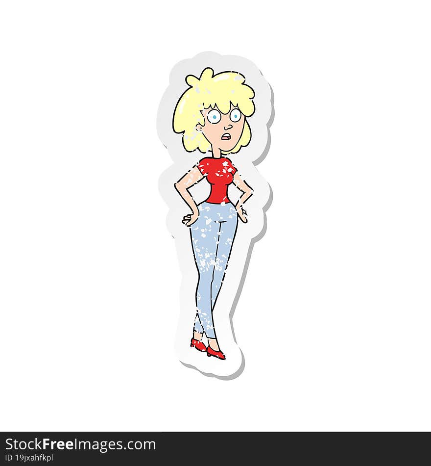 retro distressed sticker of a cartoon surprised woman