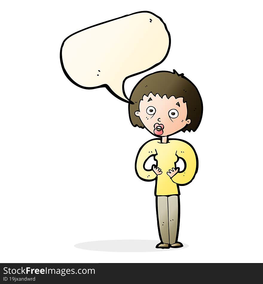 cartoon woman gesturing at self with speech bubble