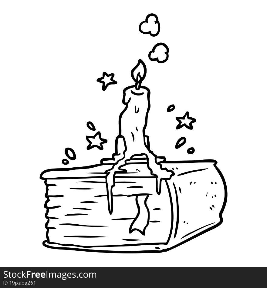 line drawing of a spooky spellbook with dribbling candle. line drawing of a spooky spellbook with dribbling candle