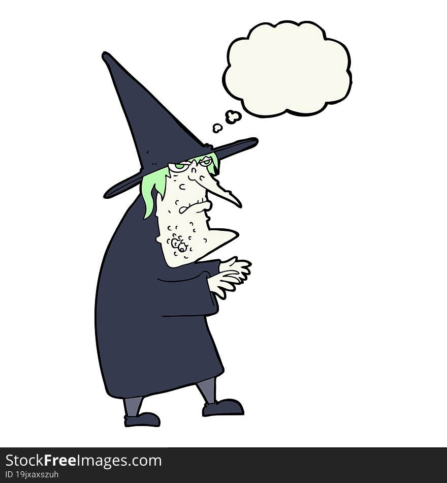 cartoon ugly old witch with thought bubble