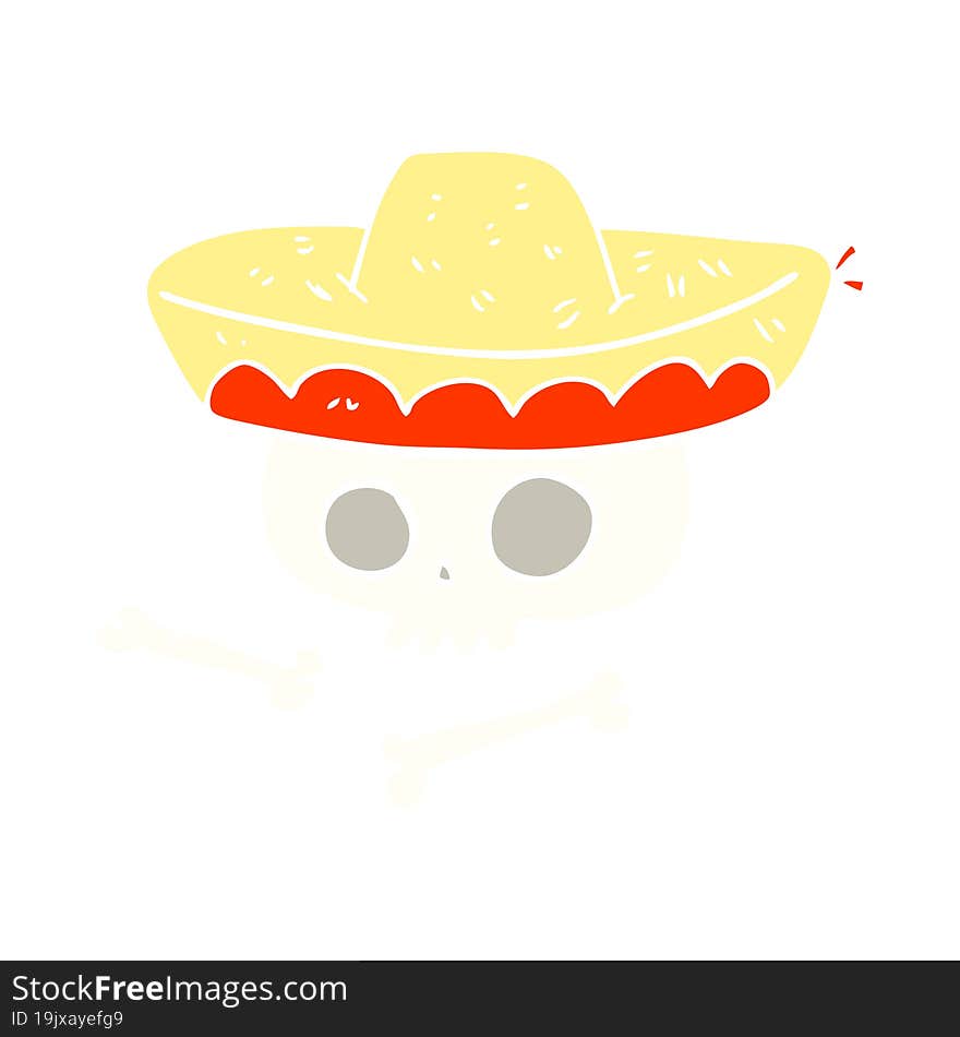 flat color illustration of a cartoon skull in mexican hat