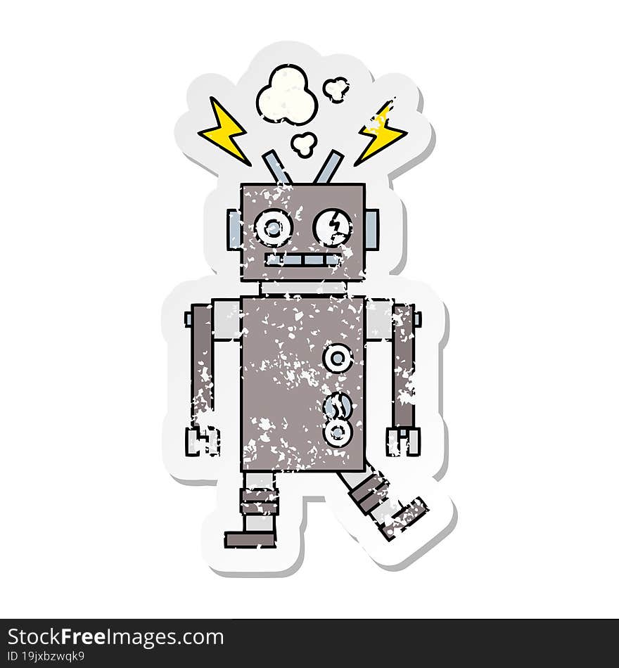 Distressed Sticker Of A Cute Cartoon Malfunctioning Robot