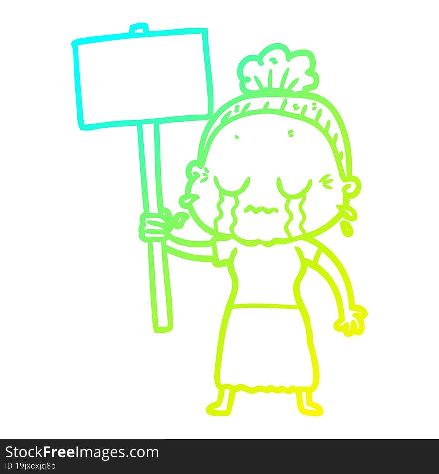 cold gradient line drawing cartoon old woman crying while protesting