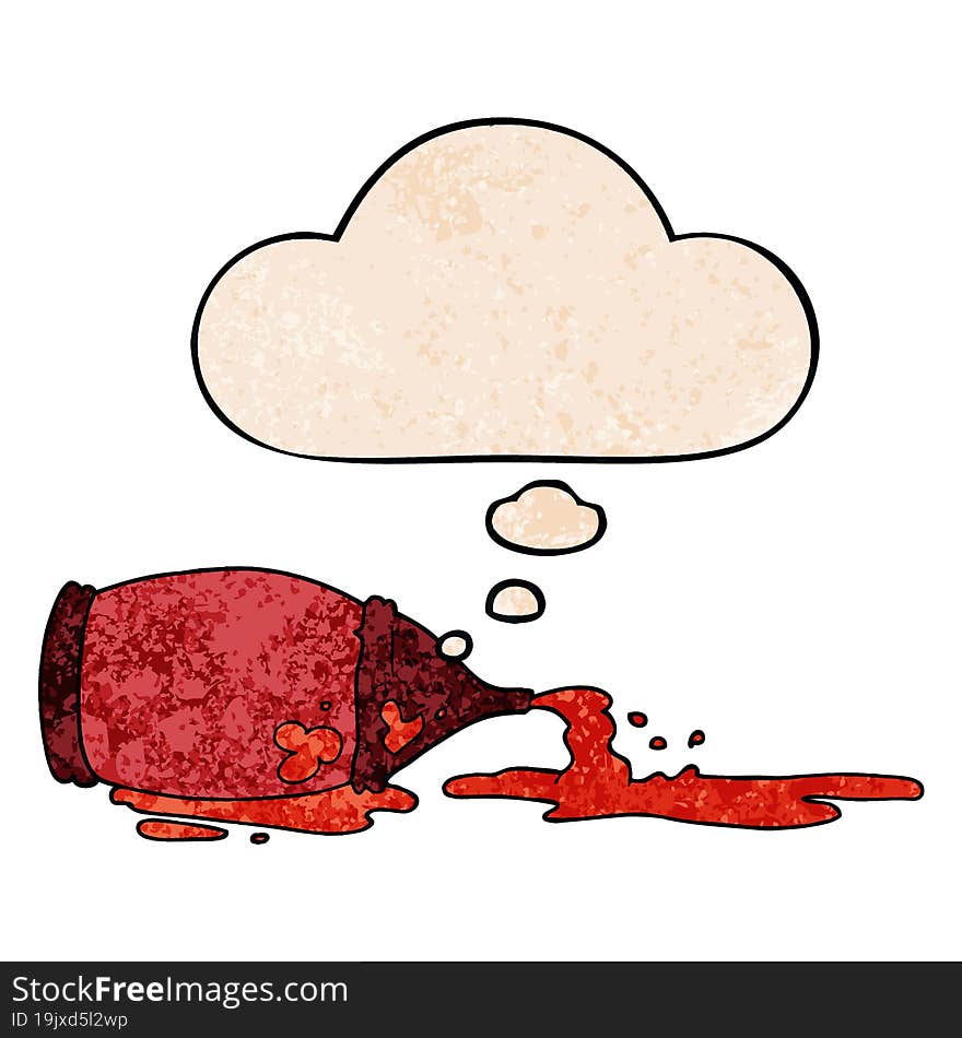 cartoon spilled ketchup bottle and thought bubble in grunge texture pattern style