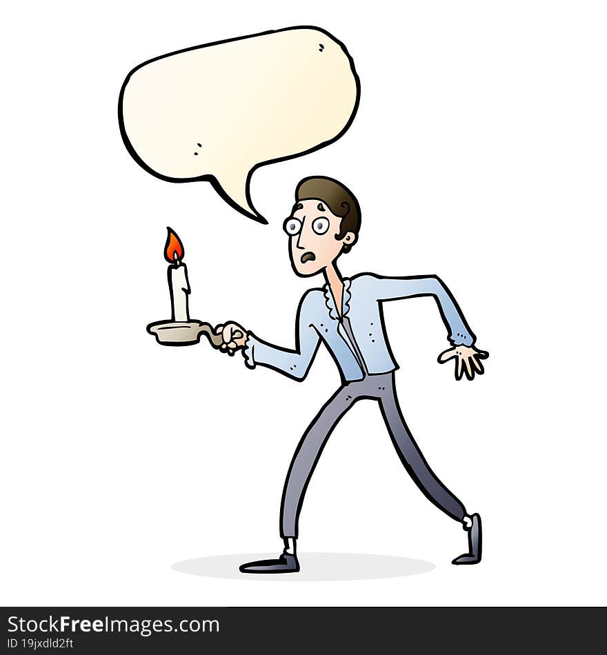 cartoon frightened man walking with candlestick with speech bubble