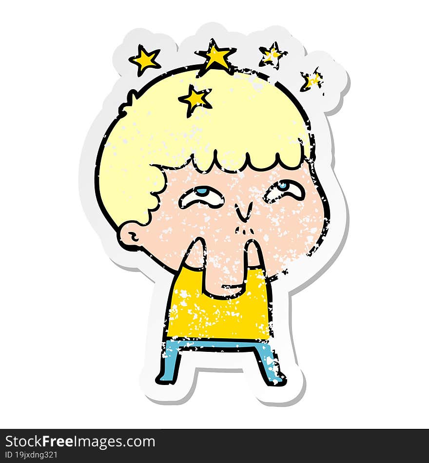 distressed sticker of a cartoon amazed boy