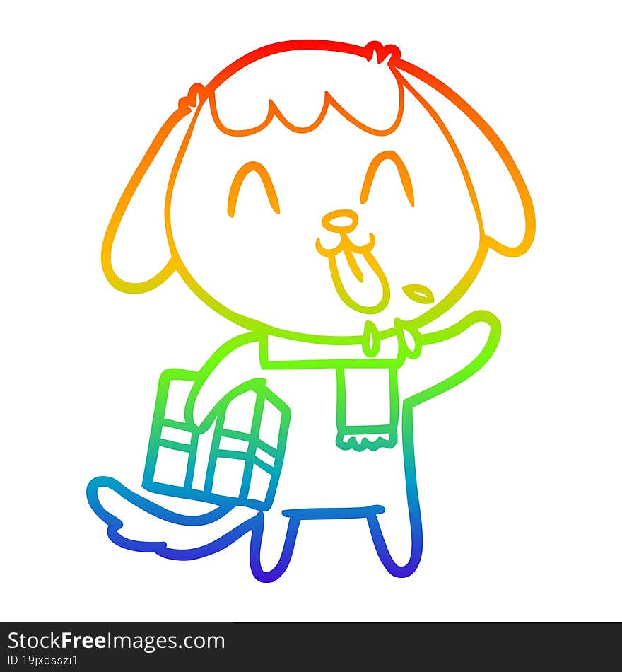 rainbow gradient line drawing of a cute cartoon dog with christmas present