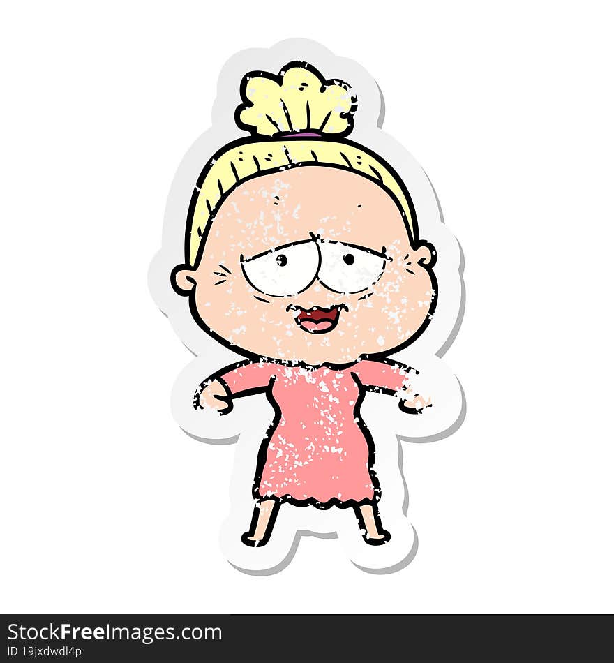 distressed sticker of a cartoon happy old lady