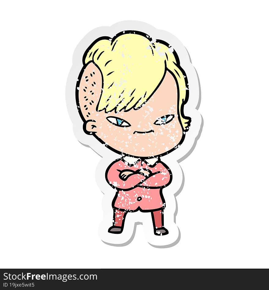 distressed sticker of a cute cartoon girl with hipster haircut