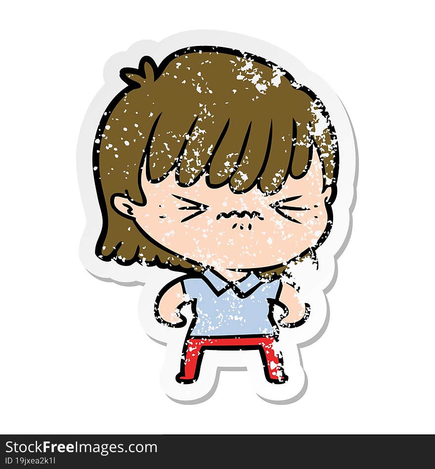 distressed sticker of a annoyed cartoon girl