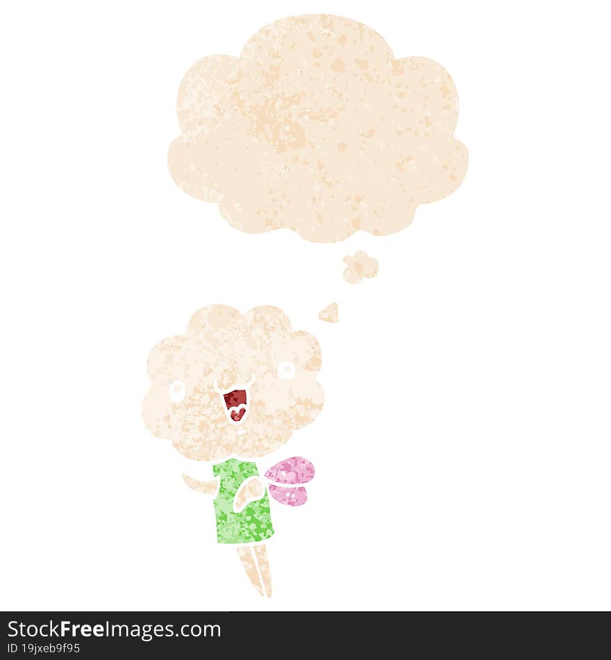 cute cartoon cloud head creature and thought bubble in retro textured style