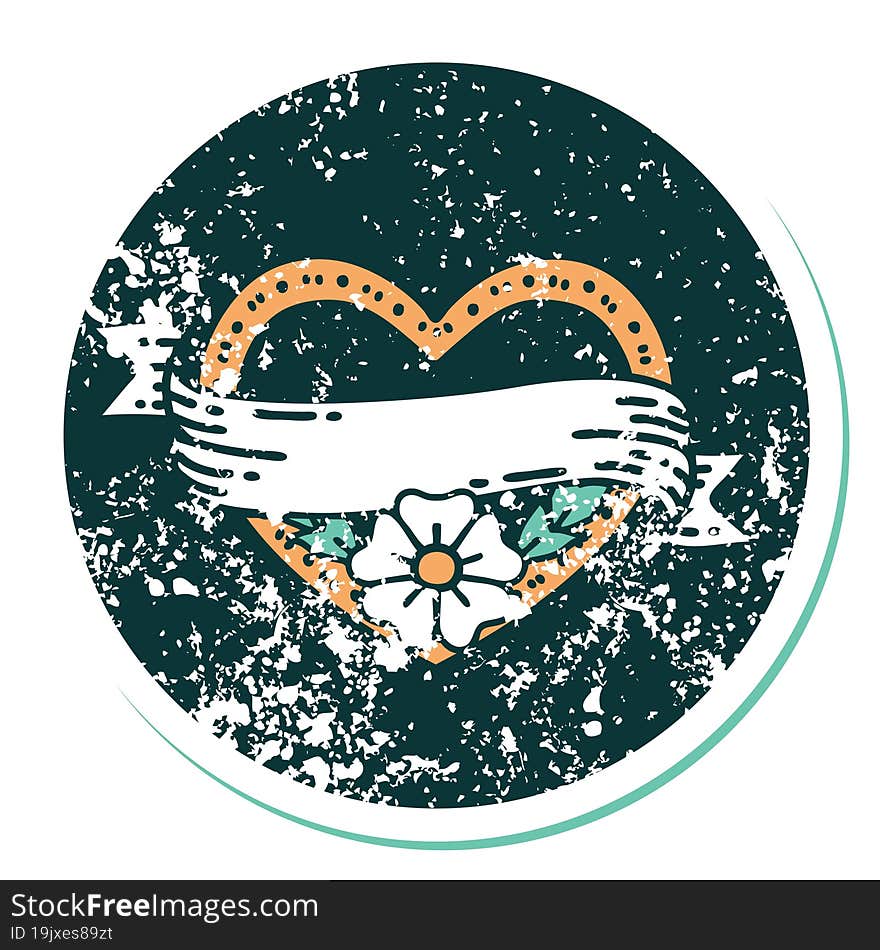 Distressed Sticker Tattoo Style Icon Of A Heart And Banner With Flowers