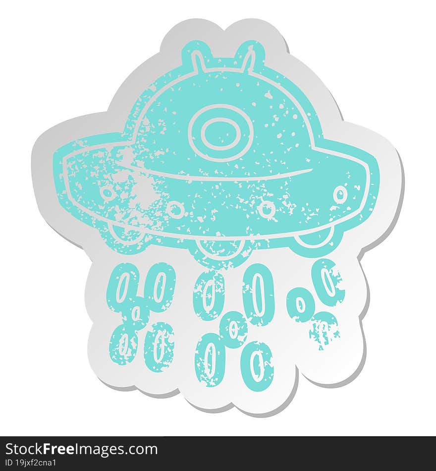 distressed old cartoon sticker of an alien ship. distressed old cartoon sticker of an alien ship