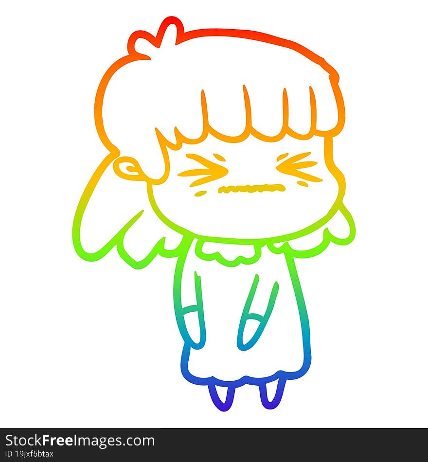 rainbow gradient line drawing of a cartoon angry girl