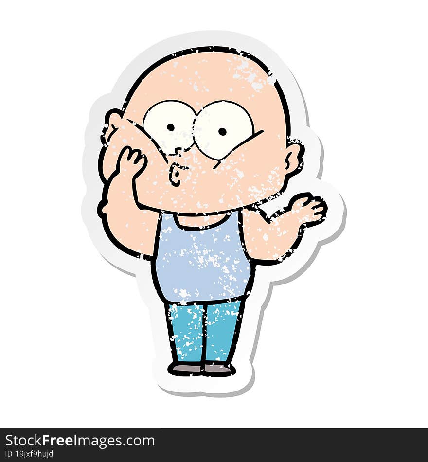 distressed sticker of a cartoon bald man staring