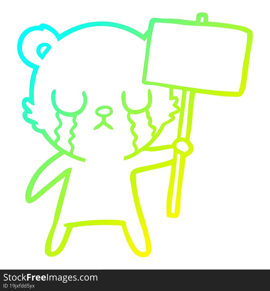 cold gradient line drawing of a crying cartoon bear with sign