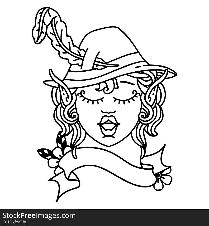 Black and White Tattoo linework Style elf bard character face. Black and White Tattoo linework Style elf bard character face