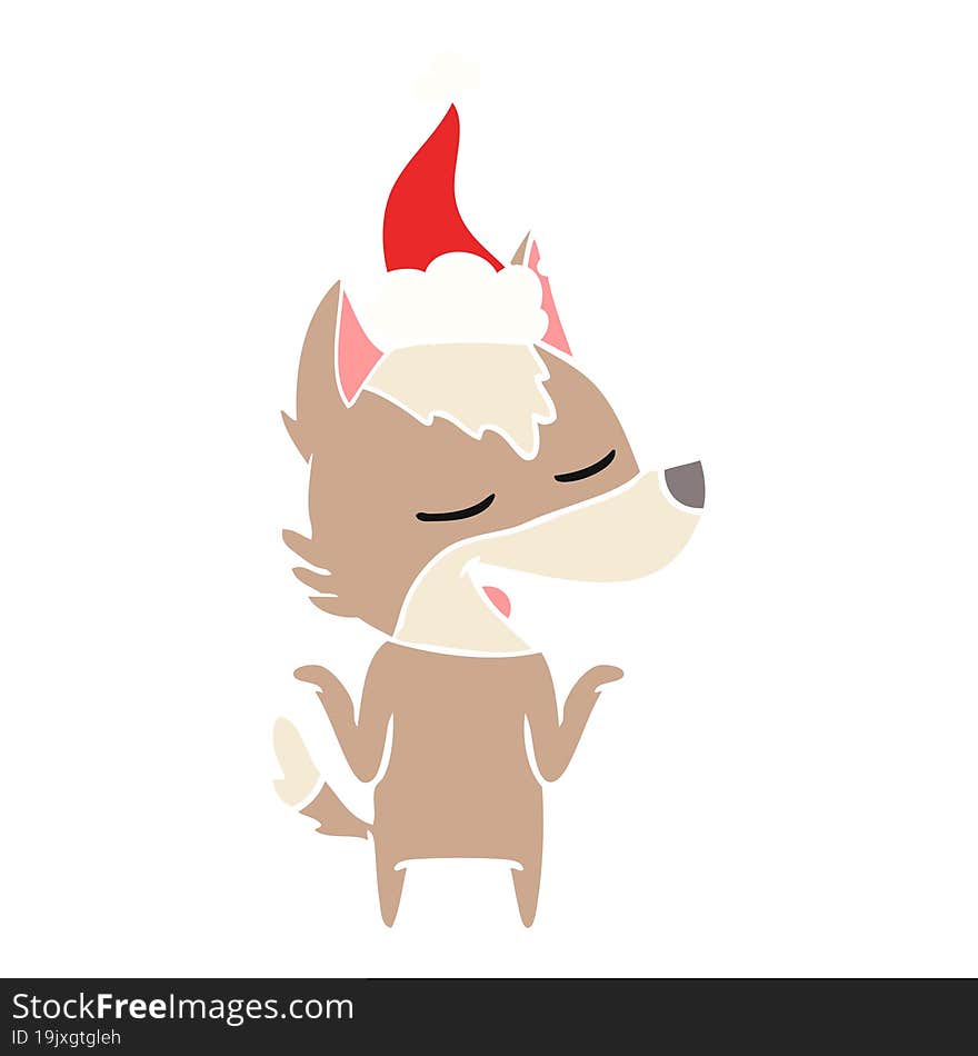 flat color illustration of a wolf laughing wearing santa hat