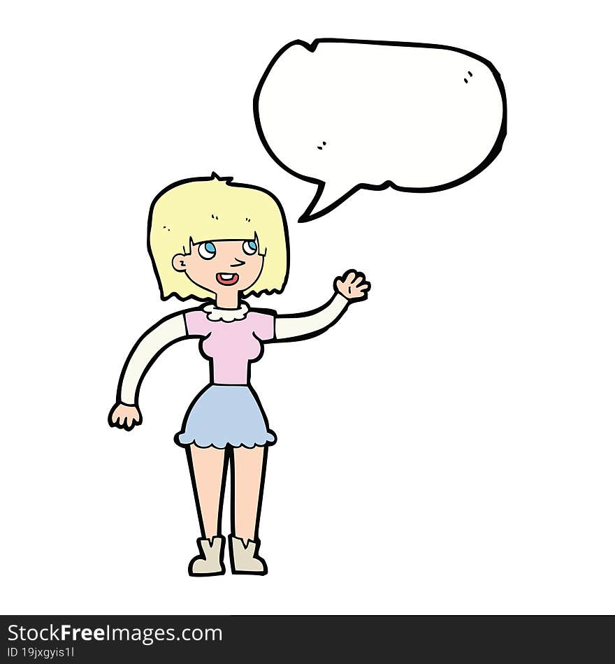 cartoon girl waving with speech bubble