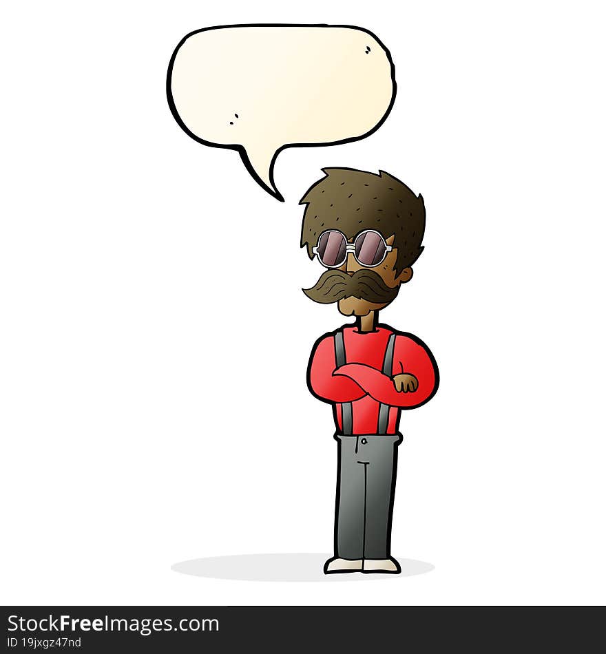 cartoon hipster man with mustache and spectacles with speech bubble